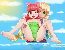 Size: 2200x1700 | Tagged: suggestive, artist:focusb, banned from derpibooru, apple bloom, applejack, human, beach, blushing, clothes, female, humanized, image, jpeg, lolicon, one eye closed, one-piece swimsuit, open mouth, peace sign, spread legs, spreading, swimsuit, underage, wink