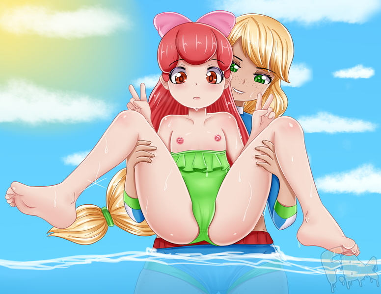 Size: 2200x1700 | Tagged: questionable, artist:focusb, banned from derpibooru, apple bloom, applejack, human, beach, blushing, breasts, clothes, delicious flat chest, female, humanized, image, jpeg, lolicon, one-piece swimsuit, peace sign, spread legs, spreading, swimsuit, underage