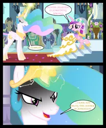 Size: 1280x1545 | Tagged: safe, artist:bigsnusnu, derpibooru import, princess cadance, princess celestia, alicorn, earth pony, pony, unicorn, comic:dusk shine in pursuit of happiness, candle, clothes, column, crown, dress, evil grin, flower, flower vase, glare, grin, image, jewelry, petals, png, regalia, ribbon, rug, smiling, stairs, wedding dress