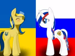 Size: 604x448 | Tagged: artist needed, safe, derpibooru import, oc, oc:marussia, oc:ukraine, ponified, pony, duo, flag, image, jpeg, nation ponies, russia, ukraine