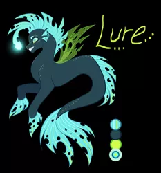 Size: 2363x2538 | Tagged: safe, artist:microwaved-box, derpibooru import, oc, unofficial characters only, changeling, hybrid, seapony (g4), angler seapony, black background, clothes, dorsal fin, fin wings, fins, fish tail, flowing tail, fusion, glow, green eyes, grin, gritted teeth, image, jpeg, male, parent:princess skystar, parent:queen chrysalis, see-through, simple background, smiling, solo, tail, teeth, wings