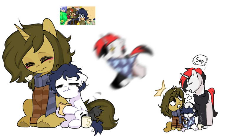 Size: 1478x872 | Tagged: safe, artist:inkp0ne, derpibooru import, oc, oc:kisho, oc:michel tusche, oc:sagiri himoto, unofficial characters only, earth pony, pony, unicorn, pony town, :o, ^^, black hair, black mane, black tail, blanket, blue hair, blue mane, blue tail, blurr, blushing, bread, brown coat, brown eyes, brown hair, brown mane, chewing, clothes, confused, ears, ears up, earth pony oc, eating, excited, excitement, eyes closed, floppy ears, flower, food, head pat, horn, hug, hugging a pony, image, mug, open mouth, pat, png, red hair, red mane, red tail, rose, running, scarf, screencap reference, simple background, smiling, speech bubble, starry eyes, steam, surprised, sweater, tail, tail wiggle, teary eyes, unicorn oc, unshorn fetlocks, warm, wat, white background, white coat, wide eyes, wingding eyes