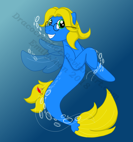 Size: 1500x1603 | Tagged: safe, artist:dracocrochet, derpibooru import, oc, unofficial characters only, pegasus, pony, seapony (g4), blue background, bubble, clothes, crepuscular rays, cute, deviantart watermark, digital art, dorsal fin, female, fin wings, fins, flowing mane, glasses, green eyes, image, mare, obtrusive watermark, ocean, png, seaponified, see-through, simple background, smiling, solo, species swap, sunlight, swimming, teeth, underwater, water, watermark, wings, yellow mane