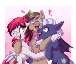 Size: 1100x920 | Tagged: safe, artist:maeveadair, derpibooru import, oc, oc:dawnsong, oc:siren, oc:violet seren, unofficial characters only, bat pony, earth pony, pegasus, pony, collar, eyes closed, female, floppy ears, glasses, gradient background, heart, hug, image, mare, one eye closed, png, smiling, wings