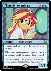 Size: 375x523 | Tagged: safe, derpibooru import, edit, sunset shimmer, equestria girls, the science of magic, ccg, clipboard, clothes, image, lab coat, oscilloscope, png, trading card, trading card edit