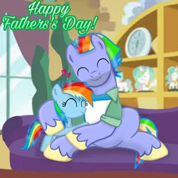 Size: 900x900 | Tagged: safe, artist:mlplary6, derpibooru import, bow hothoof, rainbow dash, pegasus, pony, eyes closed, father and child, father and daughter, father's day, female, filly, filly rainbow dash, foal, heart, hug, image, male, png, smiling, stallion, younger