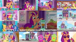 Size: 1280x720 | Tagged: safe, derpibooru import, edit, edited screencap, editor:quoterific, screencap, hitch trailblazer, izzy moonbow, posey (g5), sunny starscout, zipp storm, earth pony, pegasus, pony, unicorn, my little pony: tell your tale, zipp's flight school, spoiler:g5, spoiler:my little pony: tell your tale, spoiler:tyts01e02, spoiler:tyts01e08, spoiler:tyts01e09, spoiler:tyts01e11, spoiler:tyts01e12, spoiler:tyts01e21, spoiler:tyts01e22, :o, bipedal, blender (object), dahlia, drink, female, foal me once, g5, grin, helmet, image, it's t.u.e.s. day, male, mare, maretime bay day 2.0, my bananas, open mouth, png, smiling, smoothie, stallion, sunglasses, text, the game is ahoof, zipp's yes day
