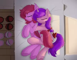 Size: 2551x2000 | Tagged: safe, artist:one4pony, derpibooru import, oc, oc:candlelight warmth, oc:cheery bell, unofficial characters only, bat pony, pony, unicorn, bat pony oc, bat wings, cuddling, female, horn, hug, image, jpeg, sleeping, spooning, unicorn oc, wings