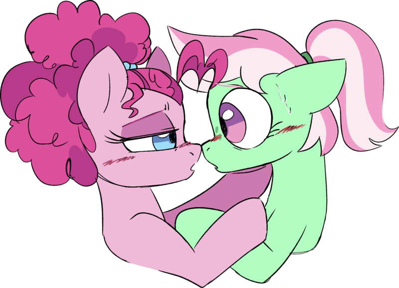 Size: 1687x1218 | Tagged: safe, artist:taaffeiite, derpibooru import, minty, pinkie pie, earth pony, pony, alternate hairstyle, blushing, bust, duo, duo female, female, g3, hair tie, holding hooves, hoof on chin, image, imminent kissing, lesbian, looking at each other, looking at someone, mare, mintypie, nervous, png, shipping, simple background, transparent background