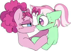 Size: 1687x1218 | Tagged: safe, artist:taaffeiite, derpibooru import, minty, pinkie pie, earth pony, pony, alternate hairstyle, blushing, bust, duo, duo female, female, g3, hair tie, holding hooves, hoof on chin, image, imminent kissing, lesbian, looking at each other, looking at someone, mare, mintypie, nervous, png, shipping, simple background, transparent background