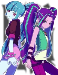 Size: 430x557 | Tagged: safe, artist:ceitama, derpibooru import, aria blaze, sonata dusk, human, equestria girls, rainbow rocks, back to back, duo, image, jpeg