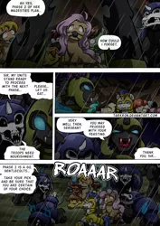 Size: 2408x3400 | Tagged: safe, artist:tarkron, author:bigonionbean, derpibooru import, oc, changeling, earth pony, hybrid, pegasus, pony, undead, unicorn, comic:fusing the fusions, comic:time of the fusions, armor, bag, changeling oc, clothes, comic, commissioner:bigonionbean, crying, dialogue, female, filly, foal, friendship express, gag, guard, high res, horn, image, locomotive, magic, male, mare, mother and child, mother and daughter, png, prisoner, puddle, rain, royal guard, saddle bag, soldier, soldier pony, stallion, steam locomotive, storm, tape, tape gag, tied up, train, wings