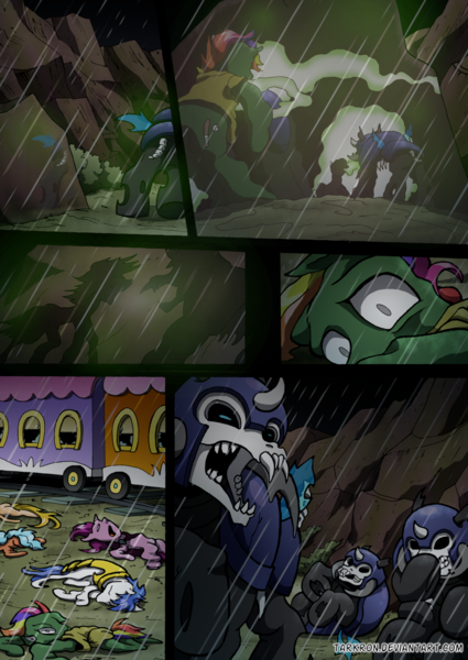 Size: 2408x3400 | Tagged: semi-grimdark, artist:tarkron, author:bigonionbean, derpibooru import, oc, changeling, earth pony, hybrid, pegasus, pony, undead, unicorn, comic:fusing the fusions, comic:time of the fusions, changeling oc, clothes, comic, commissioner:bigonionbean, corpse, cutie mark, dead, dead eyes, draining, dying, female, filly, flesh, foal, friendship express, guard, high res, horn, horror, image, levitation, magic, male, mare, png, prisoner, rain, royal guard, screaming, soldier, soldier pony, stallion, storm, telekinesis, train, train car, wings