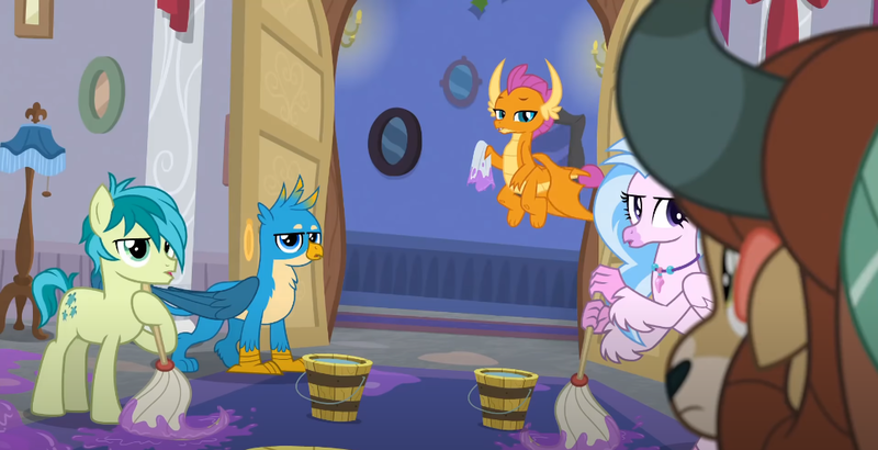 Size: 1043x534 | Tagged: safe, derpibooru import, screencap, gallus, sandbar, silverstream, smolder, yona, classical hippogriff, dragon, earth pony, gryphon, hippogriff, pony, yak, the hearth's warming club, image, png