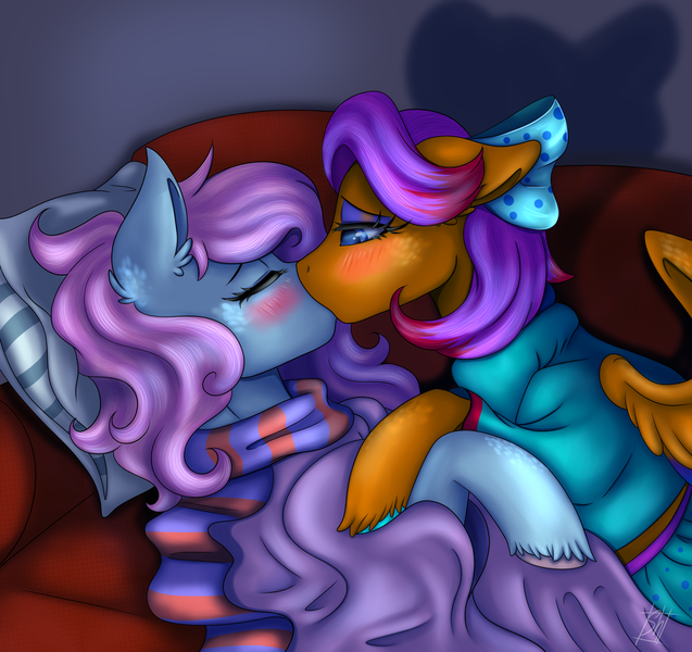 Size: 2144x2020 | Tagged: safe, artist:shamy-crist, derpibooru import, oc, unofficial characters only, pegasus, pony, blanket, bow, clothes, female, hair bow, image, kissing, lesbian, mare, pegasus oc, png, scarf, wings