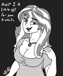Size: 1500x1800 | Tagged: suggestive, artist:erynerikard, derpibooru import, sunset shimmer, human, equestria girls, black and white, breasts, busty sunset shimmer, cleavage, eyeshadow, female, geode of empathy, grayscale, image, lipstick, magical geodes, makeup, mature, milf, monochrome, nail polish, older, older sunset, png, solo, solo female