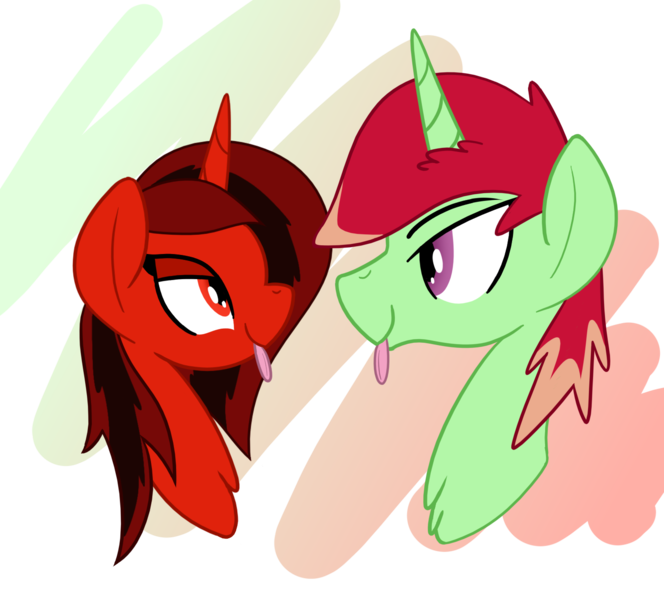 Size: 1451x1311 | Tagged: safe, artist:notadeliciouspotato, derpibooru import, oc, oc:flaps tune, oc:jonin, unofficial characters only, pony, unicorn, :p, abstract background, bust, commission, duo, female, gradient background, image, lidded eyes, looking at each other, looking at someone, male, mare, png, smiling, stallion, tongue out