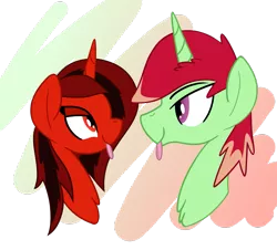 Size: 1451x1311 | Tagged: safe, artist:notadeliciouspotato, derpibooru import, oc, oc:flaps tune, oc:jonin, unofficial characters only, pony, unicorn, :p, abstract background, bust, commission, duo, female, gradient background, image, lidded eyes, looking at each other, looking at someone, male, mare, png, smiling, stallion, tongue out