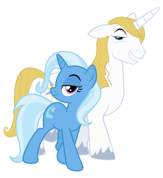 Size: 894x980 | Tagged: safe, artist:cheezedoodle96, artist:peachspices, derpibooru import, edit, vector edit, prince blueblood, trixie, pony, unicorn, .svg available, barrel chest, barrelchest blueblood, bluetrix, duo, female, image, lidded eyes, looking at you, male, mare, png, pose, profile, shipping, simple background, smiling, straight, transparent background, vector, walking