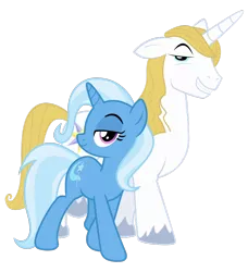 Size: 894x980 | Tagged: safe, artist:cheezedoodle96, artist:peachspices, derpibooru import, edit, vector edit, prince blueblood, trixie, pony, unicorn, .svg available, barrel chest, barrelchest blueblood, bluetrix, duo, female, image, lidded eyes, looking at you, male, mare, png, pose, profile, shipping, simple background, smiling, straight, transparent background, vector, walking