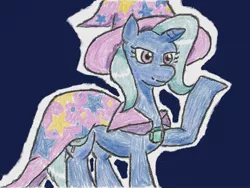 Size: 640x480 | Tagged: safe, artist:あすぐり, derpibooru import, trixie, pony, unicorn, brooch, cape, clothes, female, hat, image, jewelry, jpeg, mare, raised hoof, smiling, solo, traditional art, trixie's brooch, trixie's cape, trixie's hat