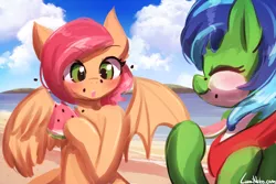 Size: 1125x750 | Tagged: safe, artist:lumineko, derpibooru import, oc, oc:fluttered wing, oc:skyyoshi, unofficial characters only, earth pony, pegasus, pony, beach, clothes, food, image, jpeg, melon, scarf