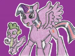 Size: 640x480 | Tagged: safe, artist:あすぐり, derpibooru import, spike, twilight sparkle, twilight sparkle (alicorn), alicorn, dragon, pony, duo, duo male and female, female, glow, glowing horn, horn, image, jpeg, magic, male, mare, open mouth, purple background, raised fist, simple background, spread wings, tail, traditional art, wings