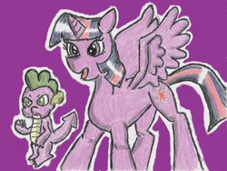 Size: 640x480 | Tagged: safe, alternate version, artist:あすぐり, derpibooru import, spike, twilight sparkle, twilight sparkle (alicorn), alicorn, dragon, pony, duo, duo male and female, female, image, jpeg, male, mare, open mouth, purple background, raised fist, simple background, spread wings, tail, traditional art, wings