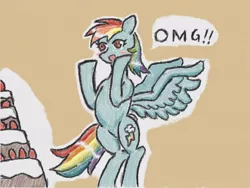 Size: 640x480 | Tagged: safe, artist:あすぐり, derpibooru import, rainbow dash, pegasus, pony, birthday, birthday cake, blushing, cake, dialogue, digitally colored, female, flying, food, happy, image, jpeg, mare, omg, open mouth, open smile, rainbow dash's birthday, raised hoof, raised hooves, simple background, smiling, solo, speech bubble, spread wings, traditional art, wings