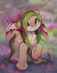 Size: 2960x3770 | Tagged: safe, artist:apple_nettle, derpibooru import, oc, oc:helemaranth, unofficial characters only, pegasus, pony, chest fluff, colored pupils, cute, eye clipping through hair, image, jpeg, leaf, long hair, raised hoof, signature, smiling, solo, standing, unshorn fetlocks, watermark