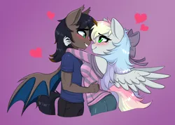 Size: 2646x1884 | Tagged: safe, artist:tomiku, derpibooru import, oc, oc:black night, oc:blazey sketch, unofficial characters only, bat pony, pegasus, pony, blue eyes, blushing, bow, brown fur, clothes, couple, duo, female, green eyes, grey fur, hair bow, heart, image, looking at each other, looking at someone, male, mare, multicolored hair, pink background, png, shirt, shorts, simple background, stallion, sweater
