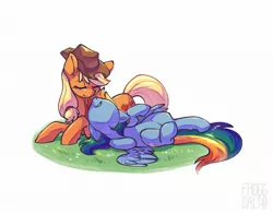 Size: 2048x1609 | Tagged: safe, artist:froggsalt, derpibooru import, applejack, rainbow dash, earth pony, pegasus, appledash, cowboy hat, eyes closed, female, grass, hat, image, jpeg, lesbian, shipping, simple background, white background