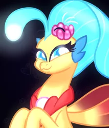 Size: 3060x3600 | Tagged: safe, artist:iceflower99, derpibooru import, princess skystar, seapony (g4), my little pony: the movie, black background, blue eyes, blue mane, bubble, bust, cute, digital art, female, fin wings, fins, flower, flower in hair, freckles, glow, glowing eyes, heart, image, jewelry, looking at you, necklace, pearl, pearl necklace, png, red wings, simple background, smiling, smiling at you, solo, video at source, video in description, wings