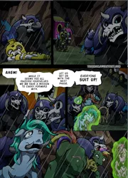 Size: 2452x3400 | Tagged: semi-grimdark, artist:tarkron, author:bigonionbean, derpibooru import, oc, changeling, earth pony, hybrid, pegasus, pony, undead, unicorn, comic:fusing the fusions, comic:time of the fusions, body horror, changeling oc, clothes, comic, commissioner:bigonionbean, corpse, cutie mark, dead, dead eyes, fangs, female, filly, flesh, foal, friendship express, guard, high res, horn, horror, image, jaws, levitation, locomotive, magic, male, mare, maw, png, prisoner, rain, royal guard, screaming, skinsuit, soldier, soldier pony, stallion, steam locomotive, storm, stretch, stretching, stretchy, teeth, telekinesis, train, train car, wings