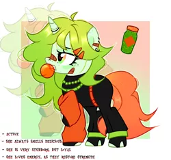 Size: 3072x2878 | Tagged: safe, artist:idkhesoff, derpibooru import, oc, oc:soor ploom, unofficial characters only, pony, unicorn, bandaid, bandaid on nose, belt, bubblegum, clothes, ear piercing, earring, female, fingerless gloves, food, freckles, gloves, gritted teeth, gum, hairclip, horn, horn ring, image, jewelry, mare, necklace, nose piercing, nose ring, pants, piercing, png, raised tail, reference sheet, ring, ripped stockings, shirt, socks, solo, stockings, sweatpants, tail, teeth, thigh highs, torn clothes, torn socks