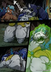 Size: 2408x3400 | Tagged: semi-grimdark, artist:tarkron, author:bigonionbean, derpibooru import, oc, changeling, earth pony, hybrid, pony, undead, unicorn, comic:fusing the fusions, comic:time of the fusions, armor, body horror, butt, carapace, changeling oc, clothes, comic, commissioner:bigonionbean, corpse, dead, dead eyes, dock, fangs, female, filly, flesh, foal, guard, high res, horn, horror, image, jaws, magic, male, mare, maw, mawshot, open mouth, plot, png, prisoner, rain, royal guard, royal guard armor, screaming, skinsuit, soldier, soldier pony, stallion, storm, stretch, stretching, stretchy, tail, teeth, vein, vein bulge, wings