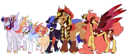 Size: 8704x3732 | Tagged: safe, artist:mintyo0s, derpibooru import, applejack, fluttershy, pinkie pie, rainbow dash, rarity, twilight sparkle, twilight sparkle (alicorn), alicorn, earth pony, pegasus, pony, unicorn, alternate cutie mark, blaze (coat marking), bowtie, braid, braided pigtails, cloven hooves, coat markings, colored hooves, colored wings, eyeshadow, female, flower, flower in hair, glasses, hair bun, hat, hoof shoes, image, jewelry, long hair, looking back, makeup, mane six, mare, monocle, multicolored wings, pale belly, png, redesign, scar, simple background, size difference, tail wrap, torn ear, transparent background, twitterina design, unshorn fetlocks, wings