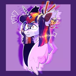 Size: 1920x1920 | Tagged: safe, artist:mintyo0s, derpibooru import, twilight sparkle, twilight sparkle (alicorn), alicorn, pony, :i, abstract background, bust, female, glasses, hairpin, image, jpeg, mare, redesign, solo