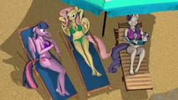 Size: 3840x2160 | Tagged: safe, artist:cutthroadstreak, derpibooru import, fluttershy, rarity, twilight sparkle, twilight sparkle (alicorn), alicorn, anthro, pegasus, plantigrade anthro, pony, unicorn, 3d, barefoot, beach, beach chair, beach umbrella, belly button, bikini, breasts, busty fluttershy, busty rarity, busty twilight sparkle, chair, cleavage, clothes, eyes closed, eyeshadow, feet, female, image, jewelry, makeup, mare, midriff, nail polish, necklace, overhead view, png, reclining, source filmmaker, swimsuit, tanning mirror, toenail polish, trio, umbrella
