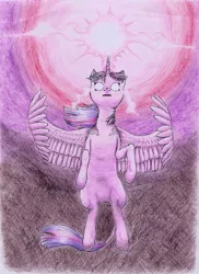 Size: 1220x1680 | Tagged: safe, artist:thespectral-wolf, derpibooru import, twilight sparkle, twilight sparkle (alicorn), alicorn, pony, bipedal, female, glow, glowing eyes, image, png, solo, traditional art