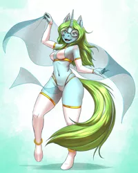 Size: 1022x1280 | Tagged: suggestive, artist:mykegreywolf, derpibooru import, oc, oc:lexxi, anthro, pony, unguligrade anthro, unicorn, belly, belly button, belly dancer, belly dancer outfit, clothes, detached sleeves, female, glasses, horn, image, jpeg, mare, socks, solo, thigh highs, thighs, unicorn oc