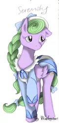 Size: 600x1254 | Tagged: safe, artist:binikastar, derpibooru import, oc, oc:serenity, unofficial characters only, pegasus, pony, bow, braid, female, hair bow, image, mare, pegasus oc, png, raised hoof, simple background, solo, story included, white background, wings