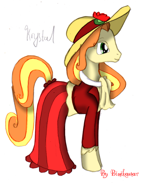 Size: 600x779 | Tagged: safe, artist:binikastar, derpibooru import, oc, unofficial characters only, earth pony, pony, clothes, dress, earth pony oc, female, hat, image, mare, png, simple background, smiling, solo, story included, sun hat, white background