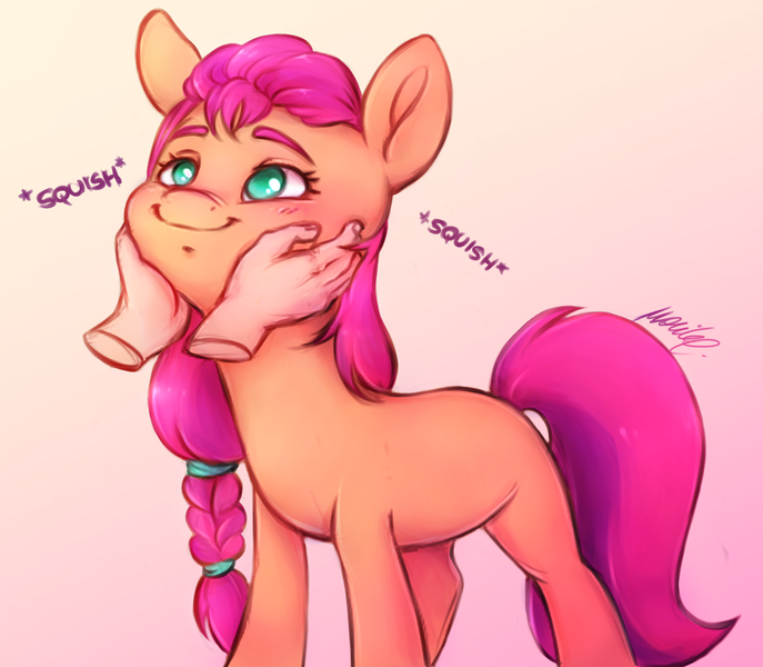 Size: 2193x1914 | Tagged: safe, alternate version, artist:buttersprinkle, derpibooru import, sunny starscout, earth pony, pony, my little pony: a new generation, alternate character, blushing, cute, female, g5, gradient background, hand, image, no pupils, offscreen character, offscreen human, png, squeezing, squishy, squishy cheeks, sunnybetes