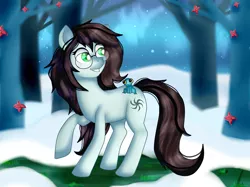 Size: 1368x1023 | Tagged: safe, artist:lelka-philka, derpibooru import, oc, unofficial characters only, earth pony, frog, pony, female, glasses, image, png, snow