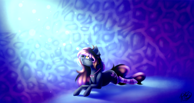 Size: 3000x1600 | Tagged: safe, artist:prettyshinegp, derpibooru import, oc, unofficial characters only, earth pony, pony, abstract background, clothes, commission, earth pony oc, female, image, looking up, lying down, mare, png, prone, signature, socks, solo, striped socks, ych result