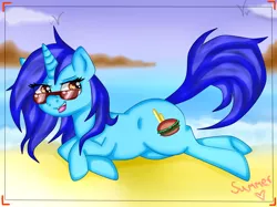 Size: 1368x1023 | Tagged: safe, artist:lelka-philka, derpibooru import, oc, unofficial characters only, pony, unicorn, beach, female, horn, image, png, sunglasses, unicorn oc, water