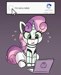 Size: 974x1200 | Tagged: safe, artist:pabbley, derpibooru import, sweetie belle, pony, robot, robot pony, unicorn, captcha, colored sketch, computer, confused, eye clipping through hair, eyebrows, eyebrows visible through hair, eyelashes, gradient background, image, jpeg, laptop computer, mouse cursor, open mouth, sitting, solo, sweetie bot
