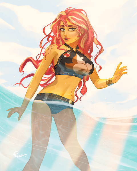 Size: 3200x4000 | Tagged: safe, artist:joe pekar, derpibooru import, part of a set, sunset shimmer, human, equestria girls, equestria girls series, forgotten friendship, bikini, bracelet, clothes, female, geode of empathy, grin, high res, image, jewelry, jpeg, looking at you, magical geodes, ocean, open mouth, smiling, smiling at you, solo, solo female, swimsuit, water