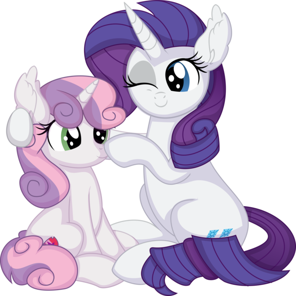Size: 7701x7713 | Tagged: safe, artist:cyanlightning, derpibooru import, rarity, sweetie belle, pony, unicorn, .svg available, absurd resolution, boop, cute, duo, duo female, female, filly, foal, image, mare, one eye closed, png, siblings, simple background, sisters, sitting, transparent background, vector, wink